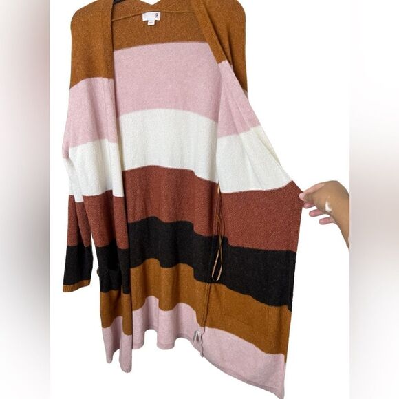 SO Pink/Brown/White Multi Long Sleeve Striped Open Front Cardigan Large - Picture 4 of 12
